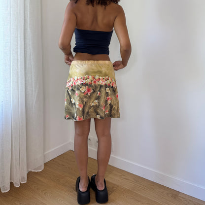 Vintage Beige & Orange Tropical Print Slinky Mini Skirt Italian Y2K (M)