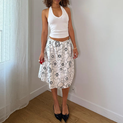 Vintage White Black Floral Asymmetrical Midi Skirt Italian Y2K (XS/S)