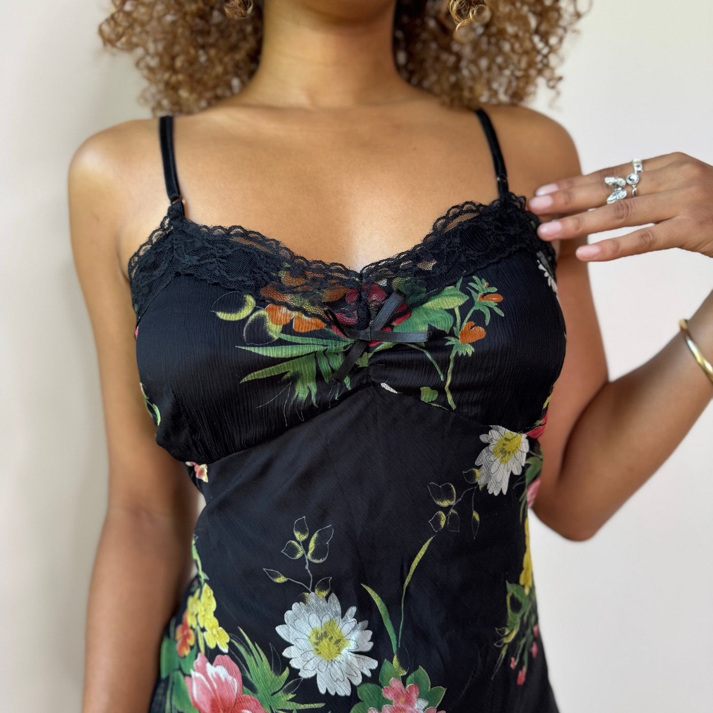 Vintage Black Pink Green Floral Silk Mesh Midi Dress Italian Y2K (S/M)