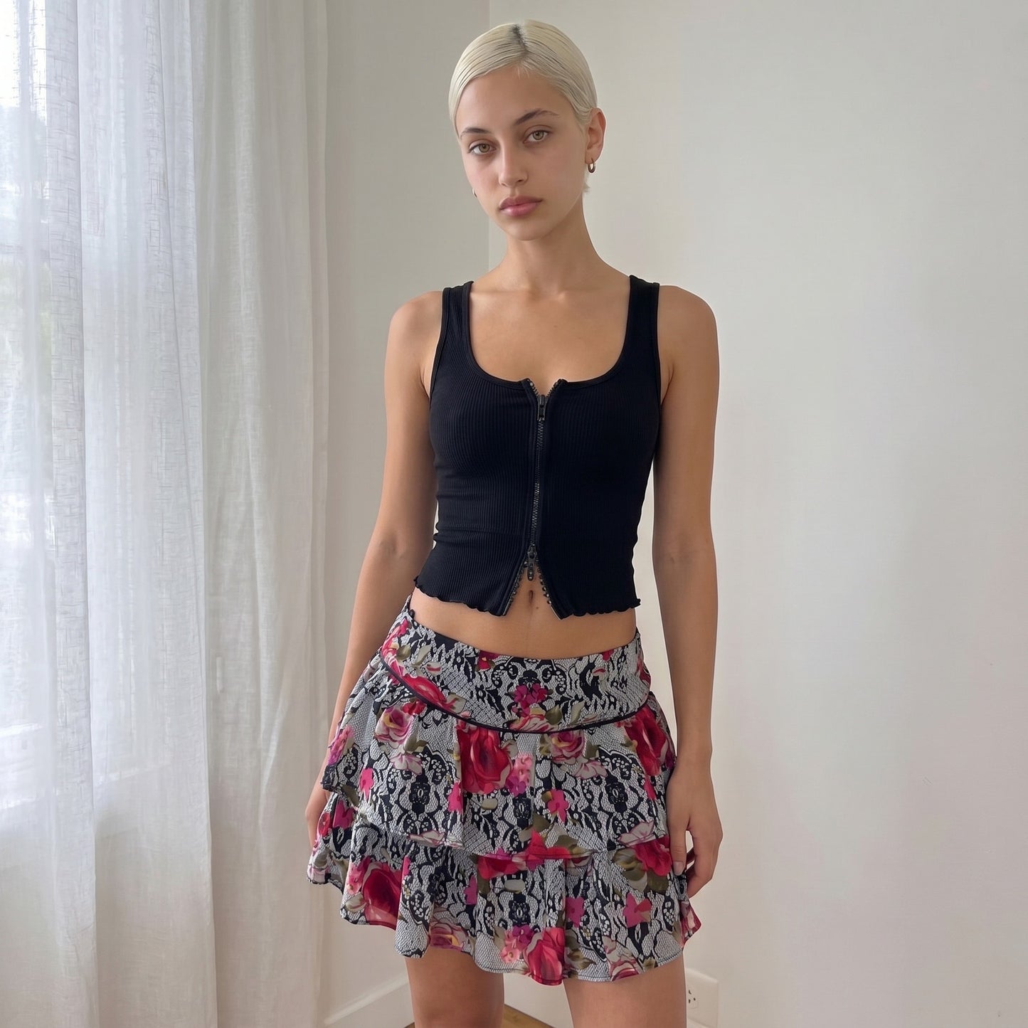 Vintage Floral Mesh Ruffle Mini Skirt Tiered Lace Print Morgan De Toi Y2K (S) ⠀