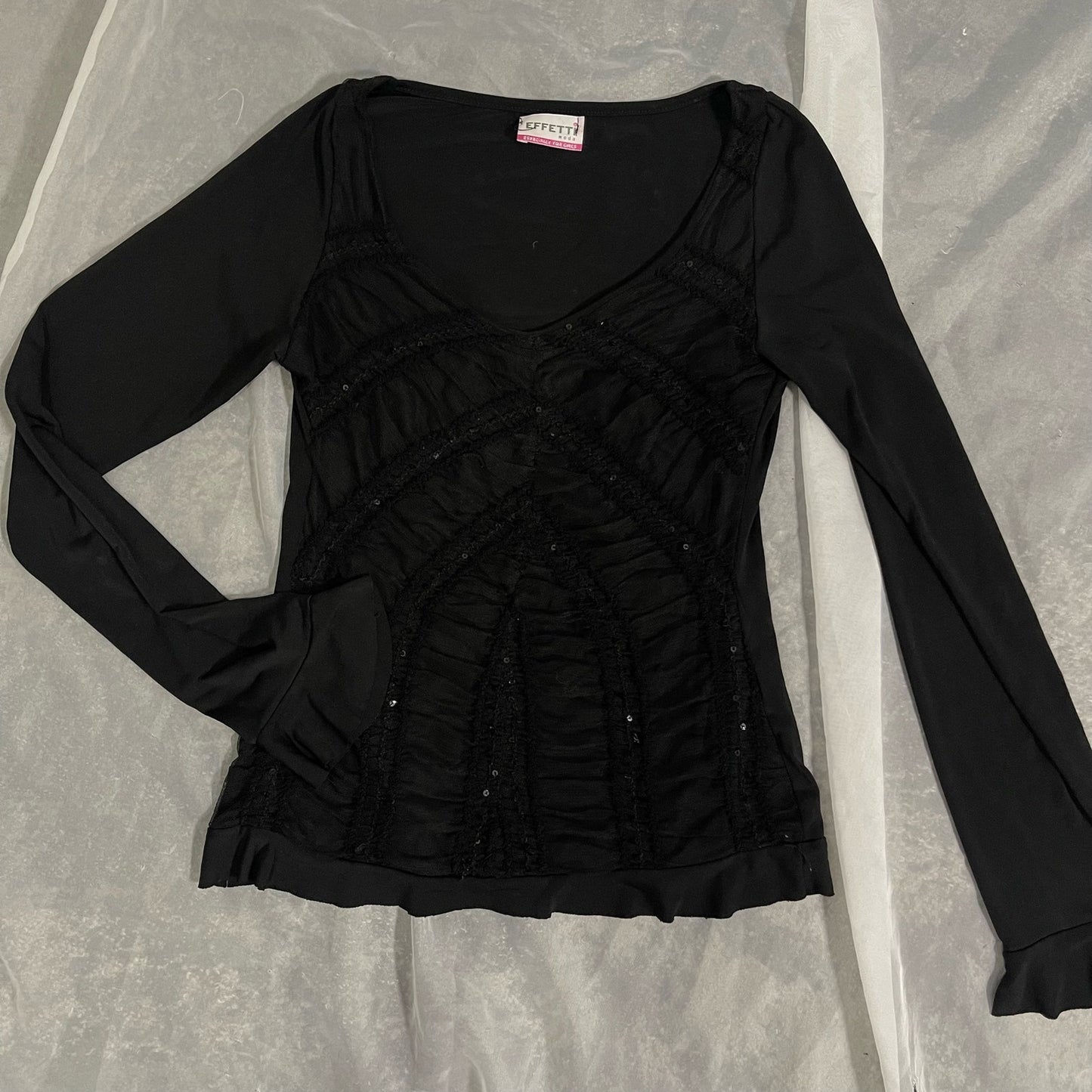 Vintage 90s black mesh long sleeve blouse with sequin and ruffle details (XS/S)