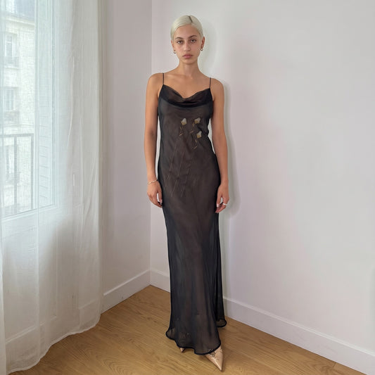 Vintage Italian Black Sheer Floral Embroidered Maxi Dress (S)