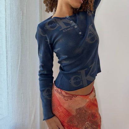 Vintage Calvin Klein Faded Navy Blue Monogram Logo Print Long Sleeve Henley Top