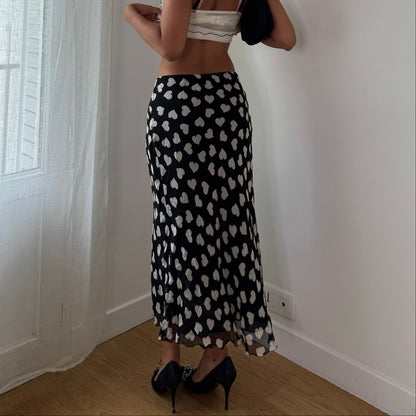Vintage Black & White Heart Print Silk Mesh Maxi Skirt Italian Y2K (S)