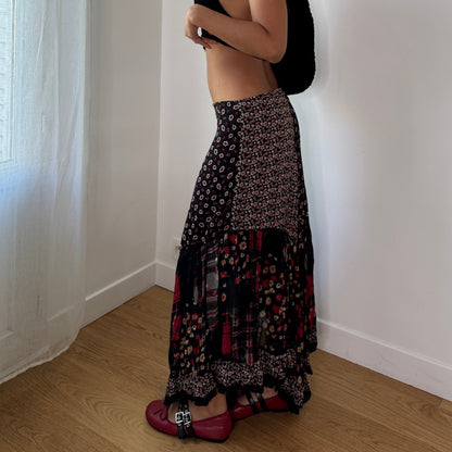 Vintage Y2K Black Red Patchwork Mesh Maxi Skirt with Mixed Floral Plaid Print (S) ⠀