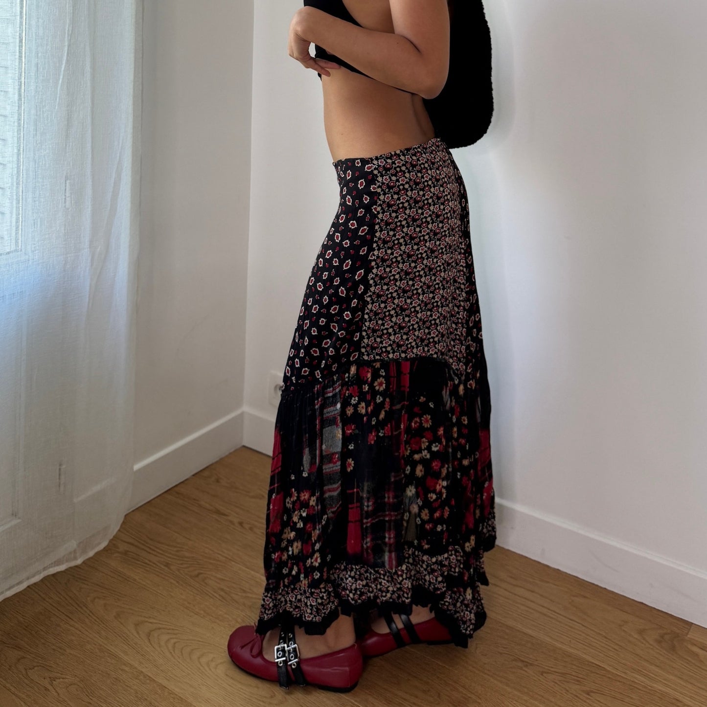 Vintage Black Red Patchwork Mesh Maxi Skirt Floral Plaid Italy Y2K (S)