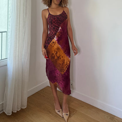 Vintage Burgundy Animal Print Mesh Midi Dress Double Layer Italian Y2K (S)