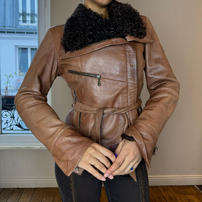 Vintage 90s Italian leather with Mongolian fur trimmed jacket (S)