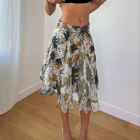 Vintage Abstract Script Silk Blend Handkerchief Midi Skirt Mesh Overlay (S) ⠀