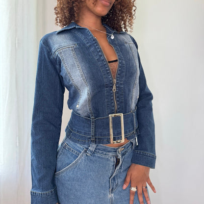 Vintage Italian Denim Belted Zip Jacket (S)