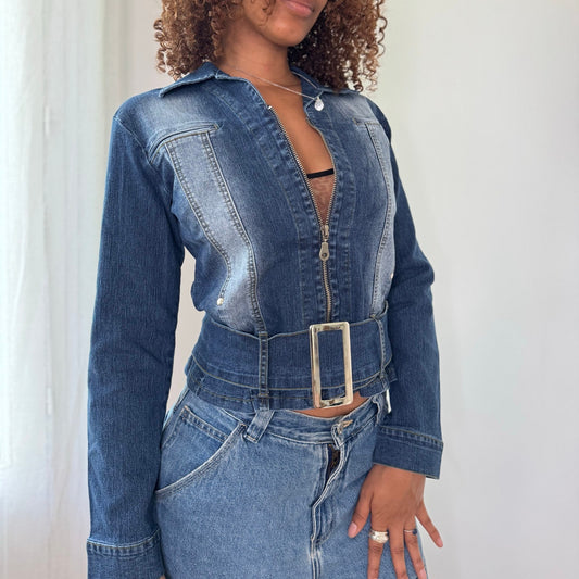 Vintage Italian Denim Belted Zip Jacket (S)