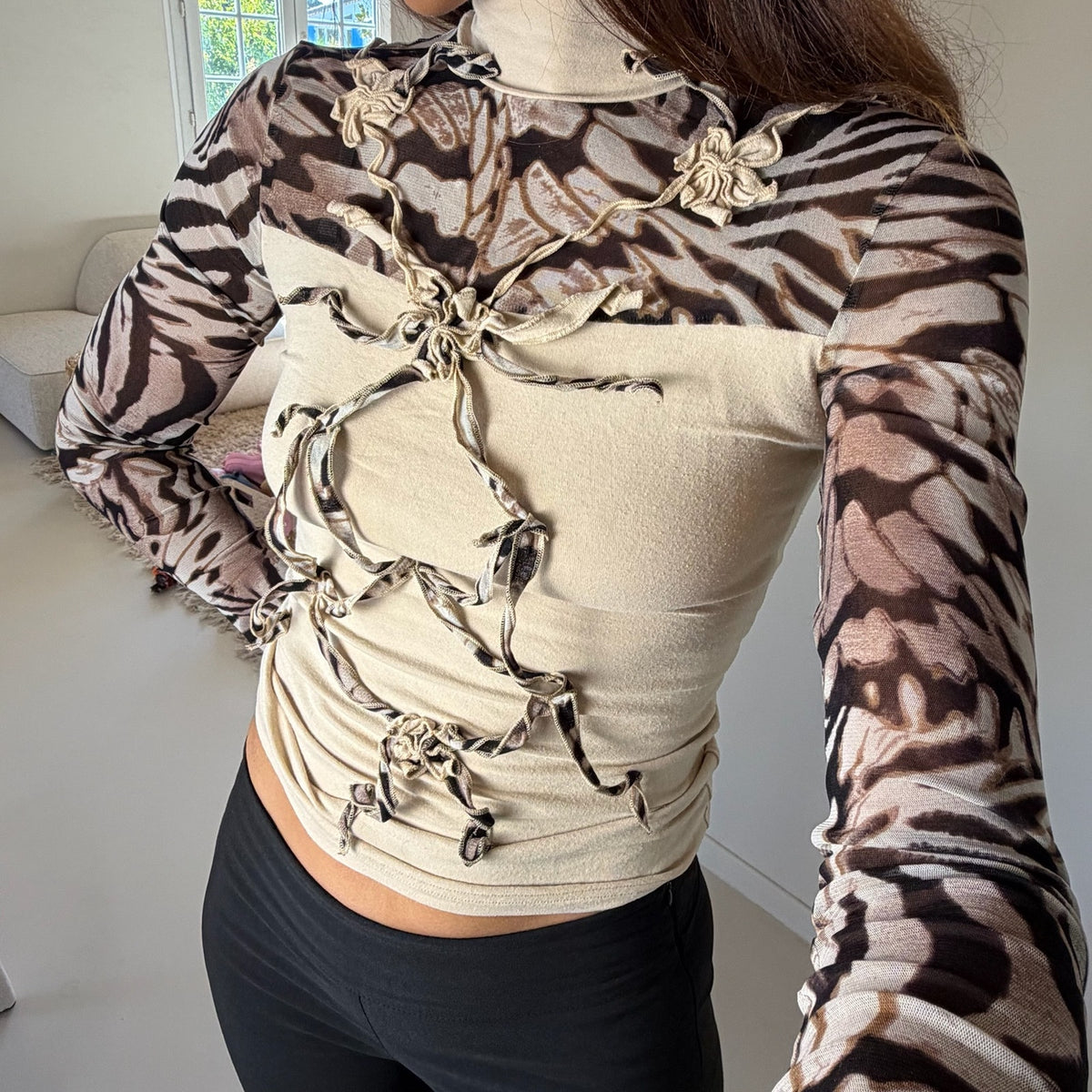 Italian Vintage Cream Brown Zebra Print Mesh Slinky Long Sleeve Top