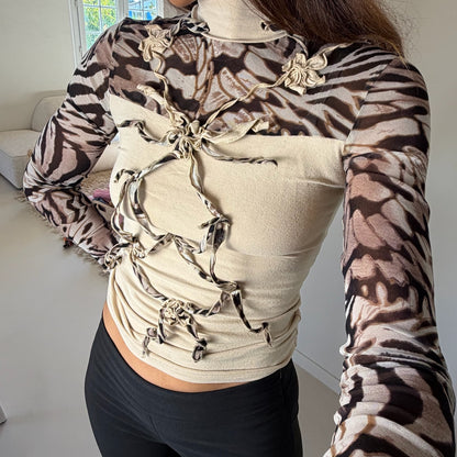 Italian Vintage Cream Brown Zebra Print Mesh Slinky Long Sleeve Top