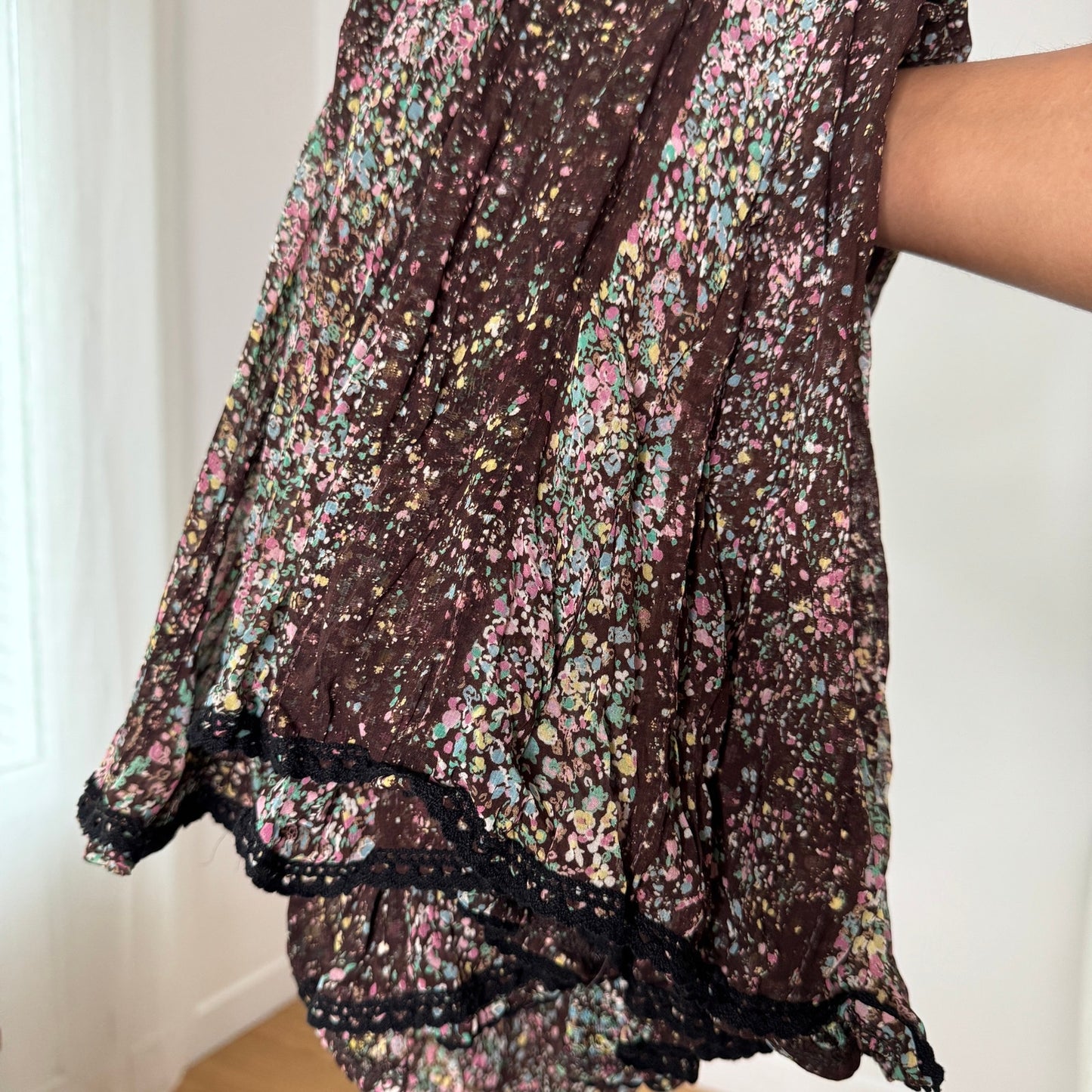 Vintage Brown Pink Floral Mesh Maxi Skirt Lace Trim Italian Y2K (S)
