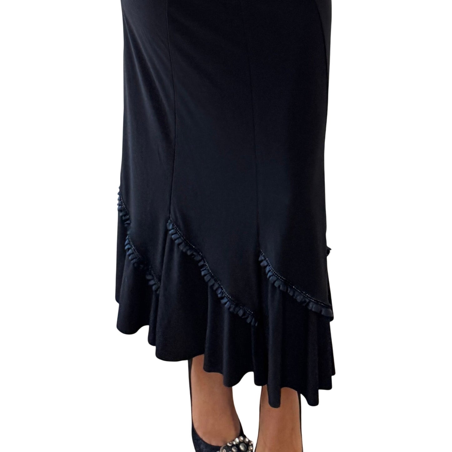 Vintage Italian black ruffle hem slinky skirt (S)