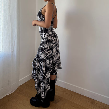 Vintage French Check Midi Dress Asymmetrical Hem (S)