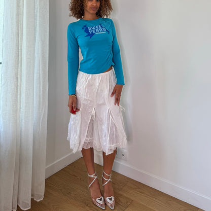 Vintage Turquoise Graphic Long Sleeve Top Glitter Heart Y2K (S)
