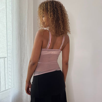 Vintage Hello Kitty Pink Mesh Rhinestone Cami Top Y2K (S)