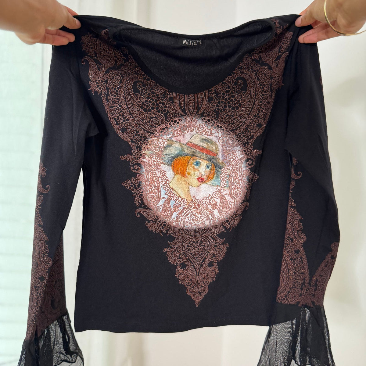 Misia Paris French vintage Y2K black illustrated portrait mesh top with brown lace print & sheer bell sleeves