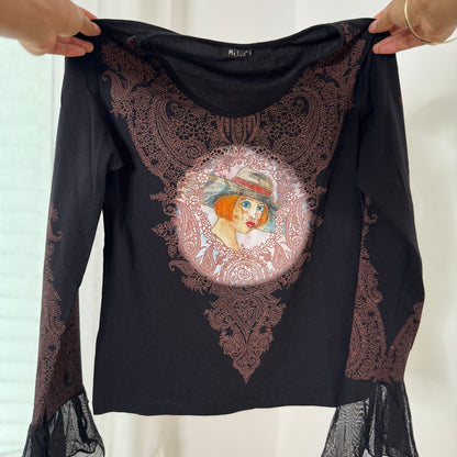 Misia Paris French vintage Y2K black illustrated portrait mesh top with brown lace print & sheer bell sleeves