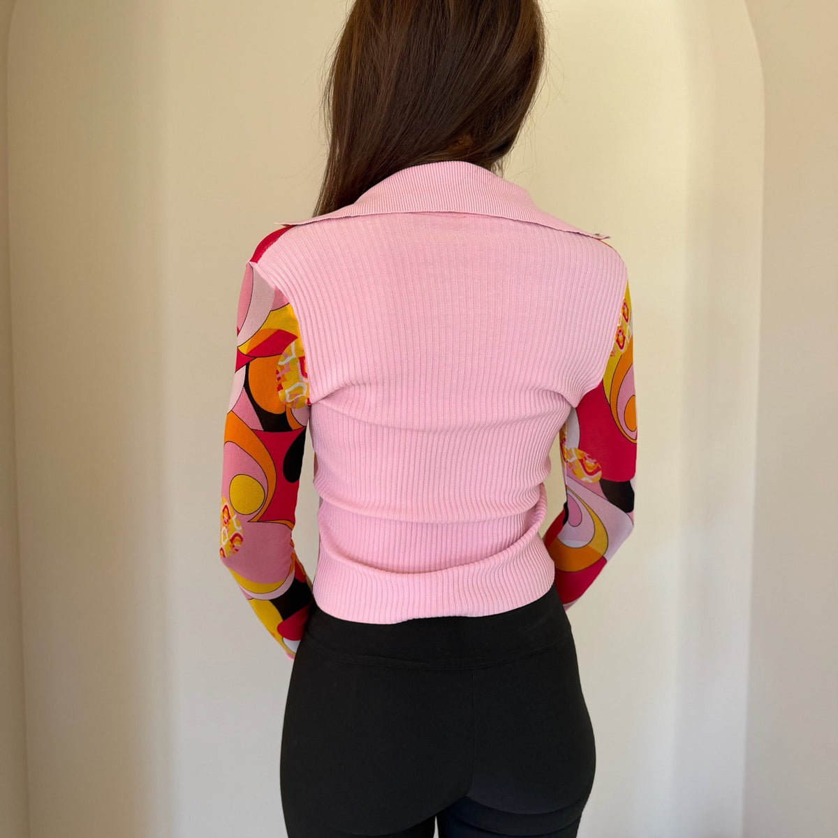 Italian Vintage Pink Orange Yellow Mod Psychedelic Print Mesh & Knit Polo Long Sleeve Top
