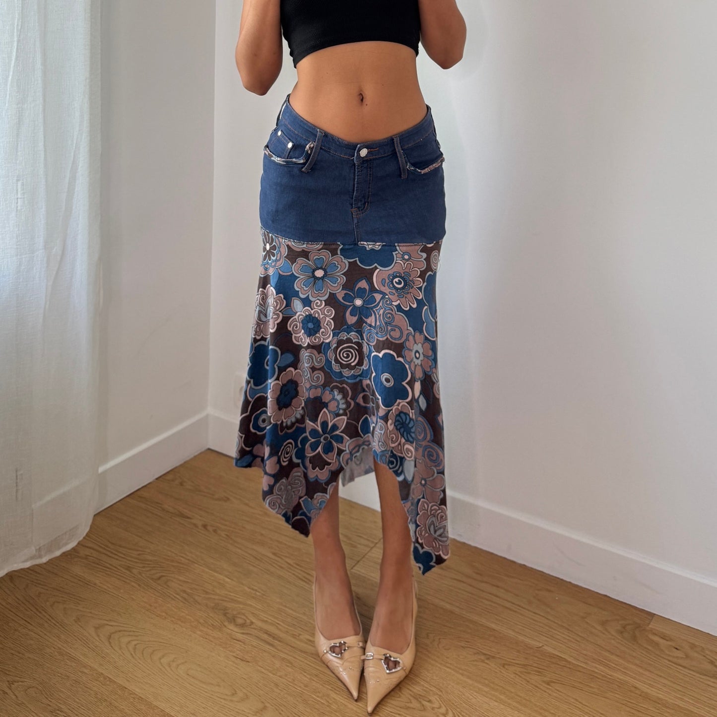 Vintage Denim Waistband Floral Mesh Midi Skirt Saxx Jeans Y2K (S)