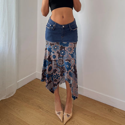 Vintage Denim Waistband Floral Mesh Midi Skirt Saxx Jeans Y2K (S)
