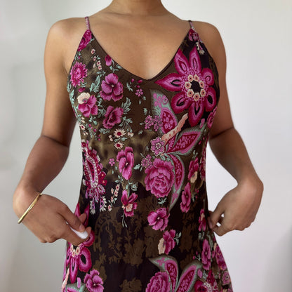Vintage Brown Pink Floral Mesh Midi Dress Y2K Fairy Grunge Slip Dress (M) ⠀