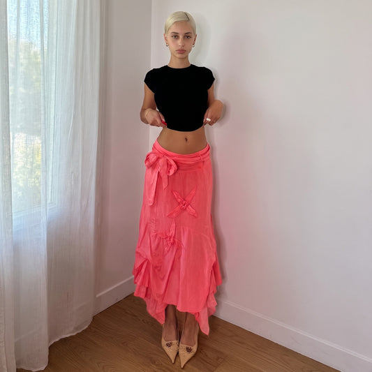 Vintage Italian Coral Pink Silk Maxi Skirt (S)