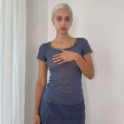 Vintage Italian Slate Blue Layered Mesh Top Y2K (S)