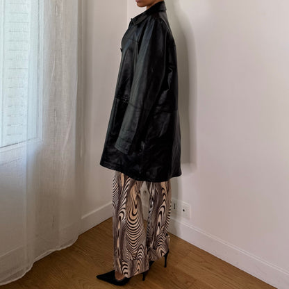 Italian Vintage Black 100% Genuine Leather Longline Oversized Blazer Jacket
