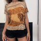 Made in France - Vintage 00s tan jungle print micro mesh short sleeve (XS/M)