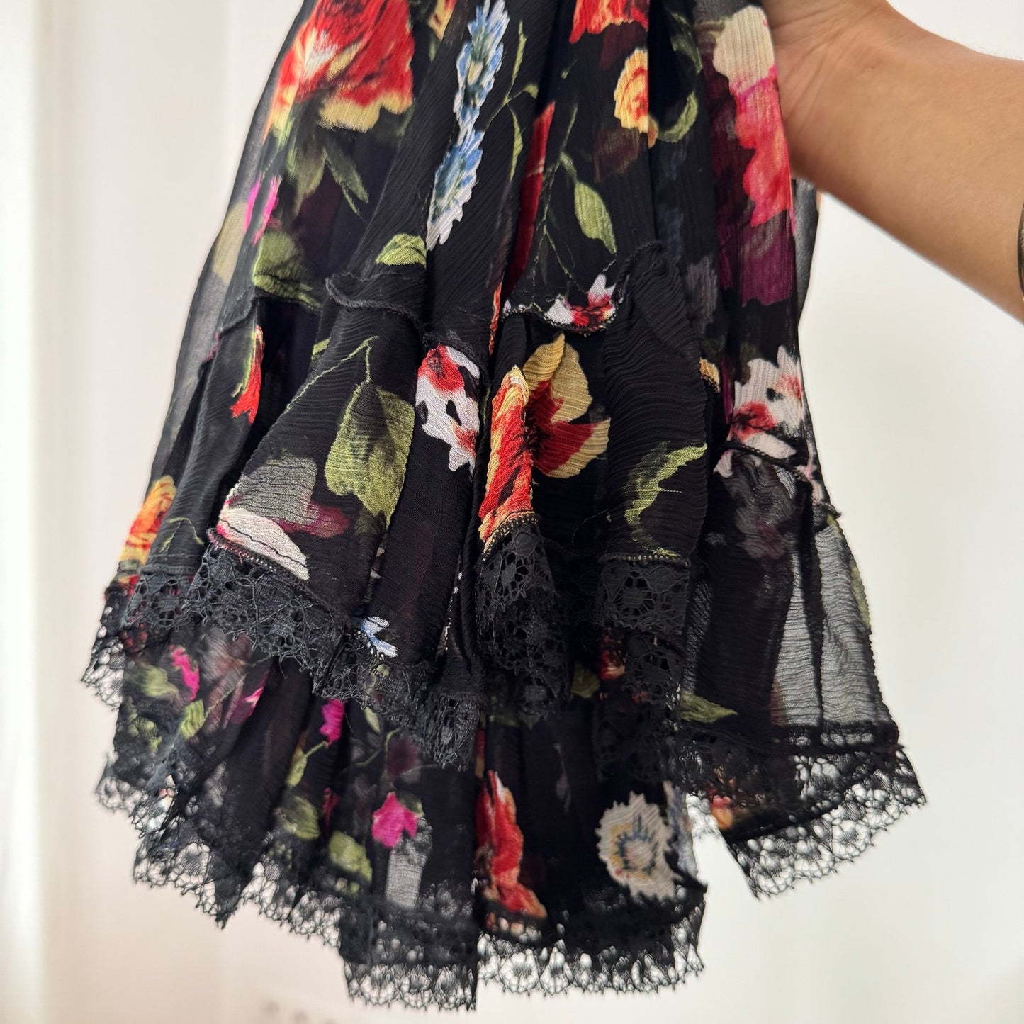 Vintage Black Red Pink Floral Mesh Asymmetrical Midi Skirt Italian Y2K (S)