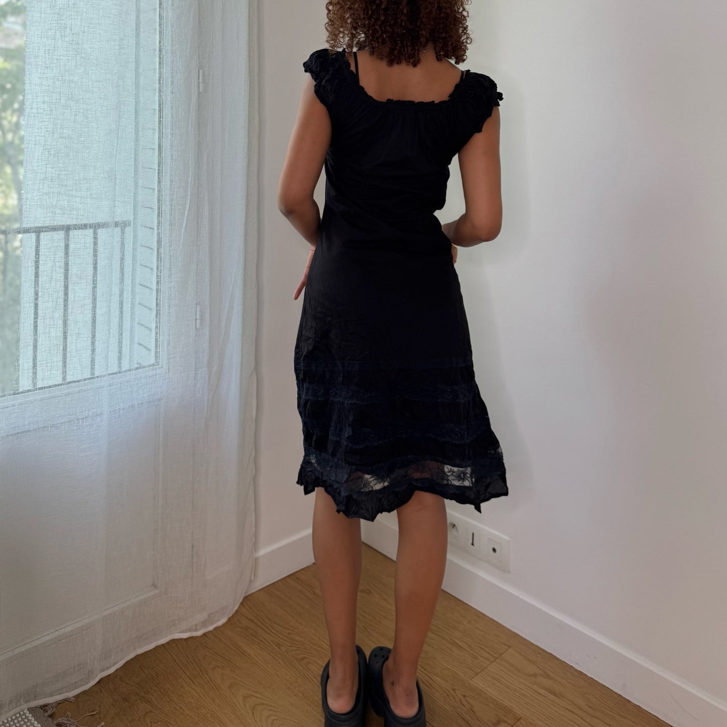 Vintage Black Cotton Midi Dress Ruffle Hem Peasant Y2K (S/M)