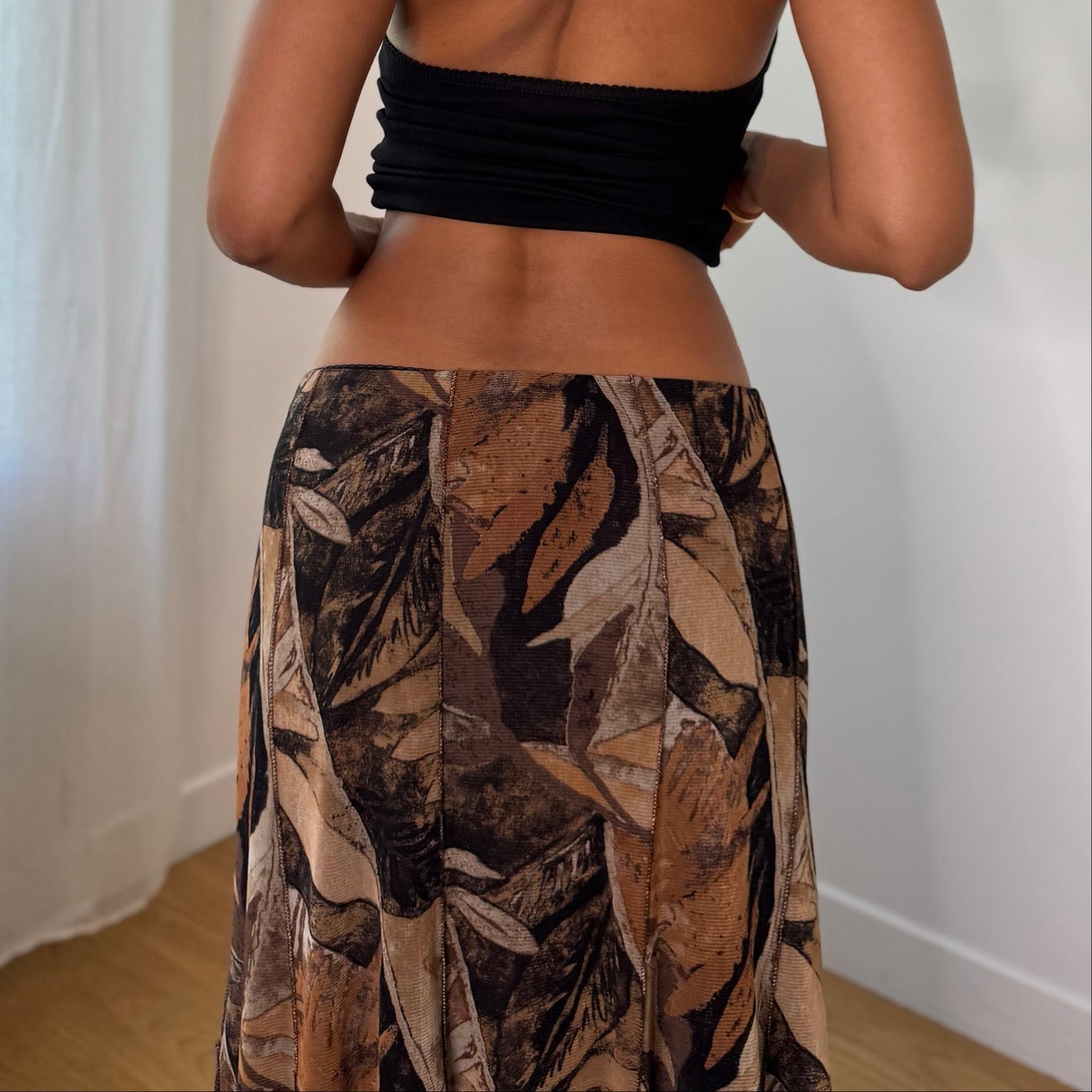 Vintage Brown Black Beige Leaf Print Mesh Midi Skirt Italian Y2K (S)