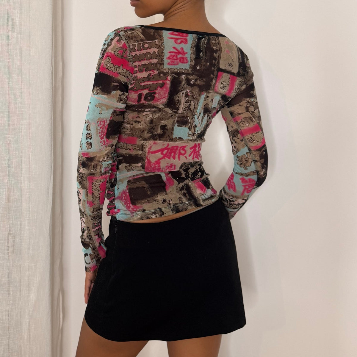 French vintage Y2K brown turquoise and pink graphic print sheer mesh long sleeve top with black trim