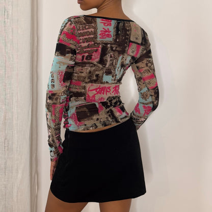 French vintage Y2K brown turquoise and pink graphic print sheer mesh long sleeve top with black trim