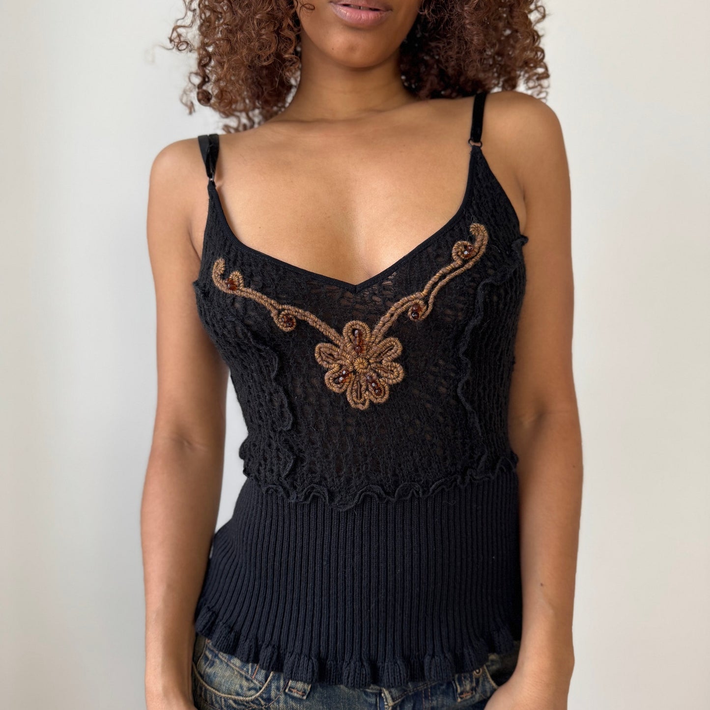 Vintage Italian black wool mohair 2 piece set with embroidered cami and ruffle trim cropped cardigan by Sonia Fortuna (S/M)