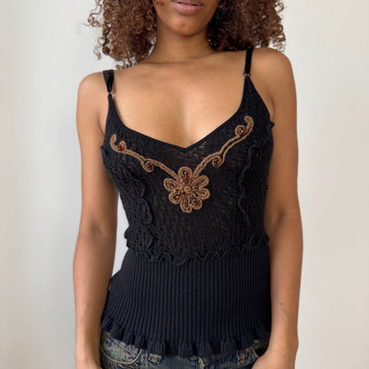 Vintage Italian black wool mohair 2 piece set with embroidered cami and ruffle trim cropped cardigan by Sonia Fortuna (S/M)