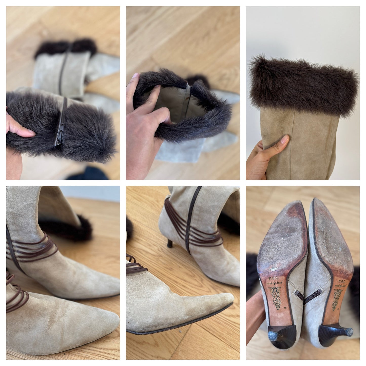 Vintage Italian Suede Knee High Boots Fur Trim Handmade (EU 38 / US 8)