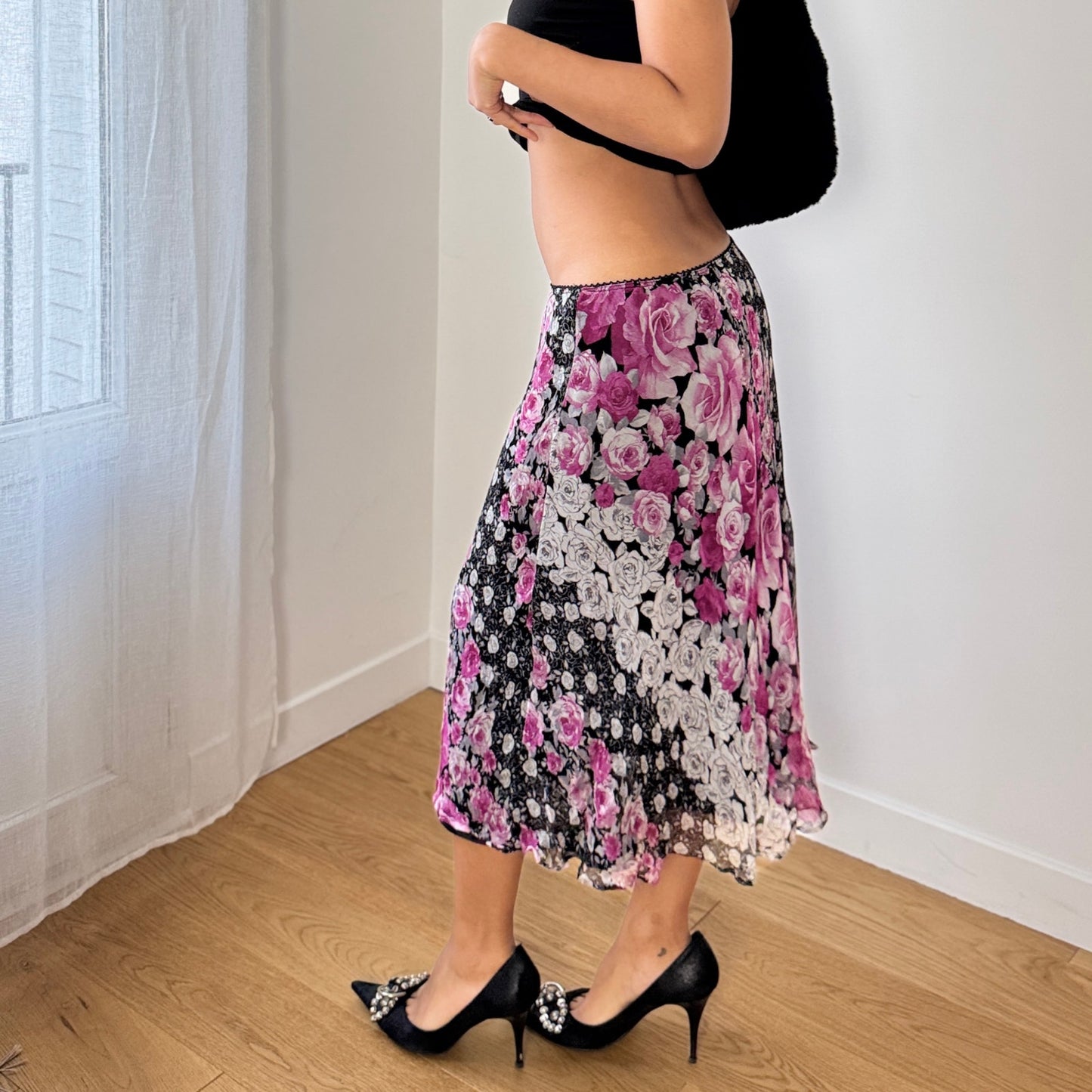 Vintage Italian Pink Rose Mesh Midi Skirt Viscose Silk Blend Sheer Hem (S)