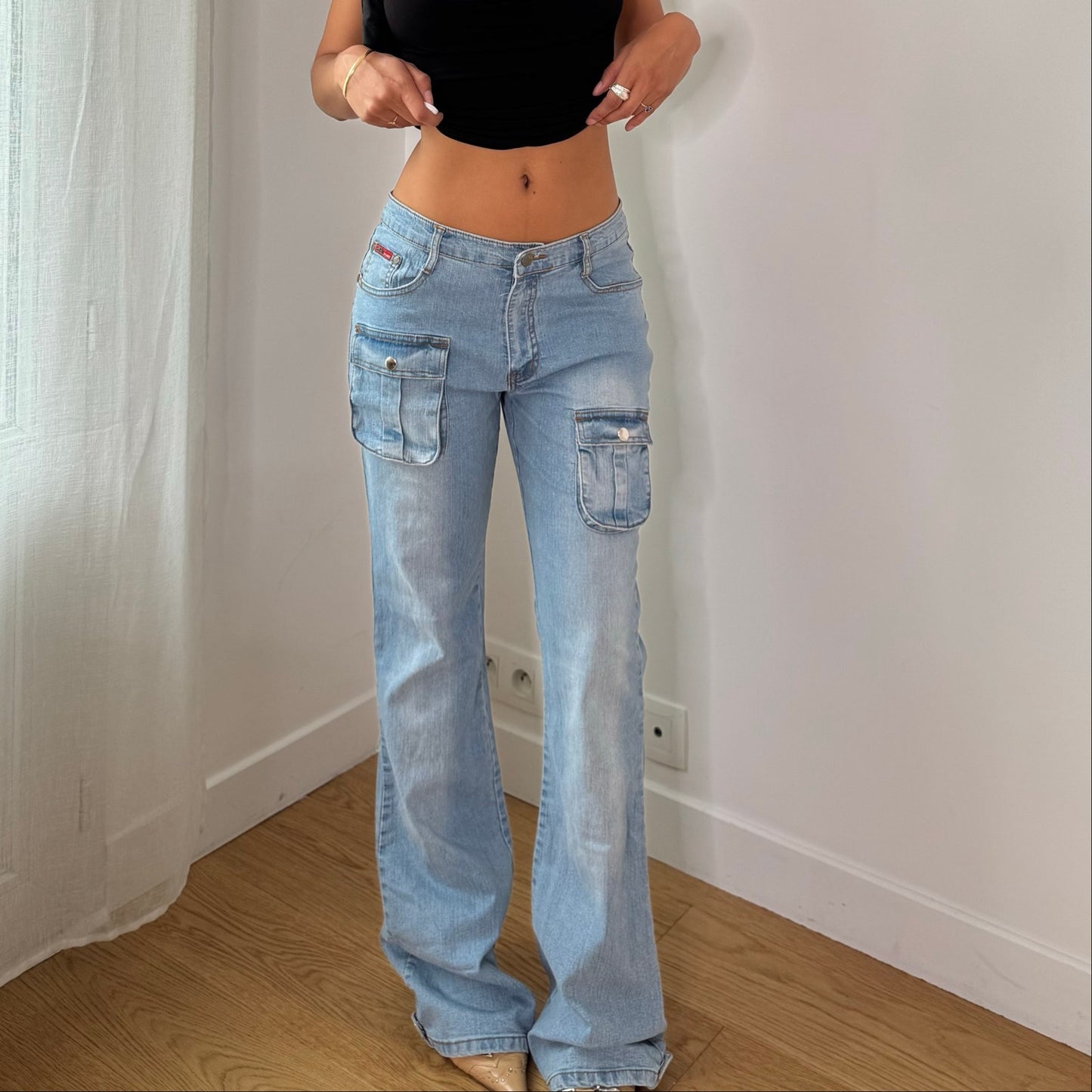 Vintage Light Blue Wash Low Rise Cargo Flare Jeans Euro Y2K (S)