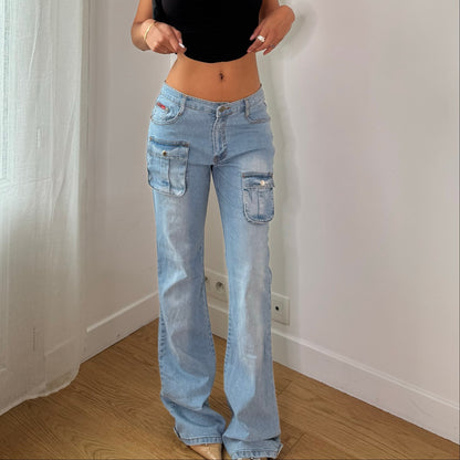Vintage Light Blue Wash Low Rise Cargo Flare Jeans Euro Y2K (S)