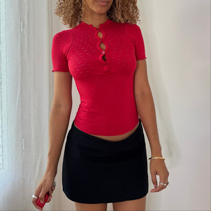 Vintage Raspberry Keyhole Pointelle Baby Tee Italian Y2K (S)