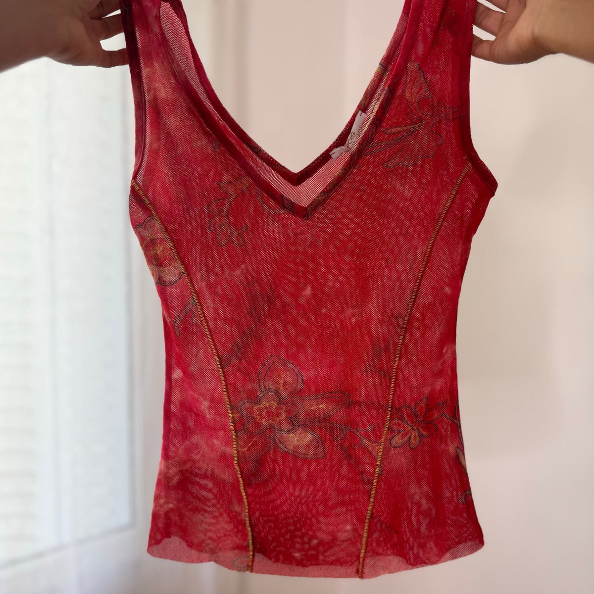 Italian vintage red floral print semi-sheer mesh tank top with rhinestone details