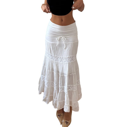 Vintage White Crinkle Tiered Maxi Skirt Lace Trim Y2K Italian (S)
