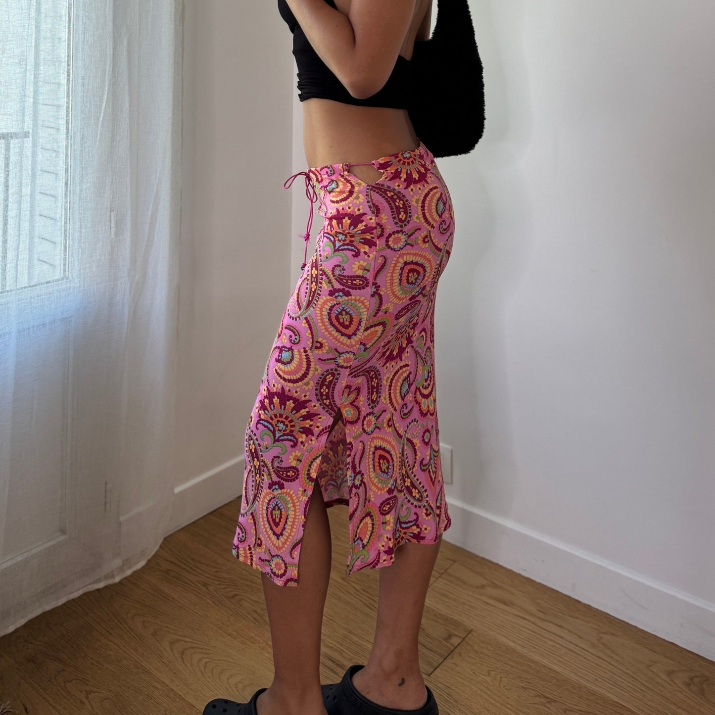 Vintage Pink Psychedelic Paisley Slinky Midi Skirt Side Slit Y2K Skirt (S)