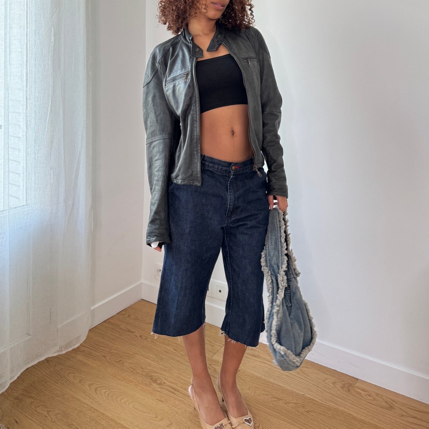 Vintage Grey Leather Moto Jacket (S/M)