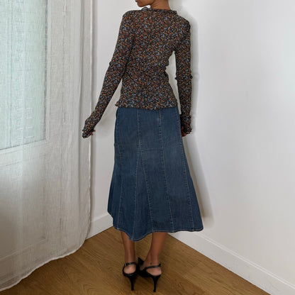 Vintage Black Orange Blue Ditsy Floral Print Semi Sheer Mesh Long Sleeve Top