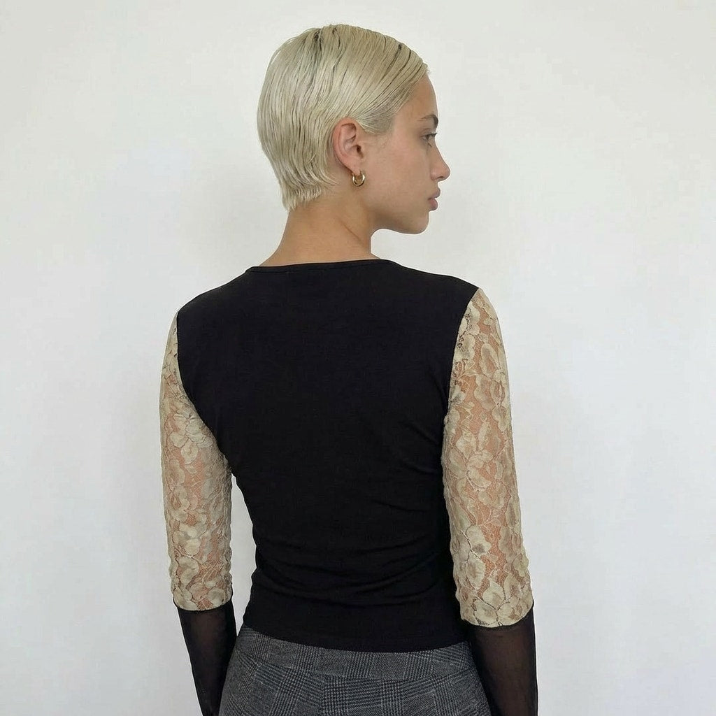 Vintage Misia Black Graphic Mesh Crop & Lace Sleeves (S)